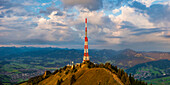 Transmission tower of the Bavarian Broadcasting Corporation on the Grünten, 1738m, at sunrise, Illertal, Allgäu Alps, Oberallgäu, Allgäu, Bavaria, Germany, Europe