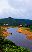 Blick auf Manalar Reservoir, Berge und Teefelder in Megamalai, Tamil Nadu, Indien
