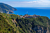 Blick auf Corniglia, Cinque Terre, Provinz La Spezia, Ligurien, Italien