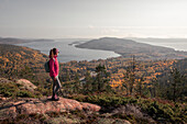 Woman looks out from Skuleberget mountain to the coast of Höga Kusten in eastern Sweden