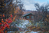 Schutzhütte im Wald im Pieljekaise Nationalpark im Herbst mit Schnee in Lappland in Schweden\n