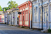 Colorful wooden houses, street scenes in the old town of Rauma, west coast, Finland