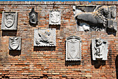 Wall at the monastery with coat of arms, Torcello, Santa Fosca, Santa Maria Assunta, Venice, Adriatic Sea, Veneto, Italy, Europe
