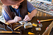 Gold Diggers Museum, German geologist Kaspar von Wuthenau runs a jewelry stall in Gold Diggers Village, Tankavaara, Finland