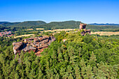 Aerial view of Drachenfels castle ruins near Busenberg, Wasgau, Palatinate Forest, Rhineland-Palatinate, Germany