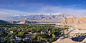 Panorama over Leh and the Indus Valley to Stok Kangri, 6153m, Ladakh, Jammu and Kashmir, India, Asia