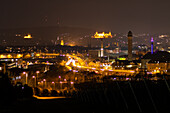 Night view of the city of Wuerzburg, Lower Franconia, Franconia, Bavaria, Germany, Europe