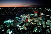 Aerial view of a city lit up at night, Sydney, New South Wales, Australia