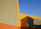 Architectural details of colorful wall with shadow, Philadelphia, Pennsylvania, USA