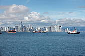 Panama, Panama City, View of Bahia De Panama during low tide, Punta Paitilla Skyline in Background