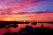 Sonnenuntergang über Booten angedockt in der Nähe eines Fischerdorfes, Menemsha, Martha's Vineyard, Dukes County, Massachusetts, USA