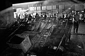 Japan, Tokio, Männer arbeiten im Tsukiji-Fischmarkt hinter Reihe von Karren
