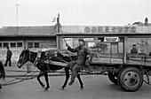 China, Datong, Man using whip to drive cart pulled by horse