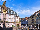 Heidelberg; Marktplatz, Rathaus, Herkulesbrunnen, Menschen im Straßencafé, Baden-Württemberg, Deutschland