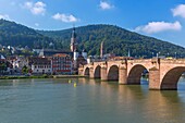 Heidelberg, view from the Nepomuk Terraces of the old town with the Church of the Holy Spirit and the Old Bridge over the Neckar