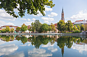 Landshut, Isar Promenade with Röckl Tower, St. Martin Abbey Basilica and Trausnitz Castle