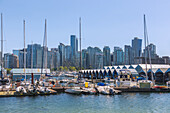 Vancouver, Coal Harbor with boathouses, skyline from Stanley Park