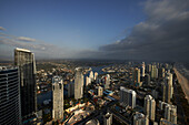 Aerial of storm clouds gathering over Surfers Paradise district on the Gold Coast