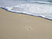 Footsteps leading down to waves rolling onto beach