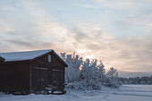 Ruhiger Sonnenuntergang, Winterszene in Schwedisch Lappland