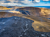 Air photo of lava flows from Fagradalsfjall crater, Volcanic eruption at Geldingadalir, Iceland