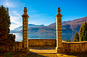 Mountain View from Church Entrance Oratory of S.Antonio da Padova in Santa Maria del Sasso with Mountain and Lake Lugano in a Sunny Day in Morcote, Ticino in Switzerland.