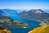 View from the Fronalpstock on Lake Lucerne, Rigi and Pilatus in the morning light, Morschach, Glarner Alps, Canton of Schwyz, Switzerland