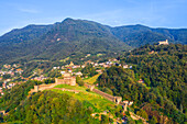 Aerial view of the Montebello Fortress in Bellinzona, Canton Ticino, Switzerland