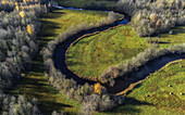 Double river loop through cultural landscape. Aerial view. Sandra, Viljandi, Estonia. Baltic States