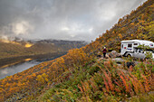 Person steht vor Wohnmobil in herbstlicher Landschaft, blickt auf Gryllefjord, Senja, Norwegen.