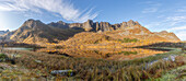 Lake Storvatnet in autumn with mountains in the background. Panorama. Senjahopen, Senja, Troms, Norway.