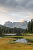 View of Lake Misorina. Background mountain Forcella Pogofa, Auronza di Cadore, Belluno, South Tyrol, Dolomites, Italy.