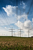 Power poles, power line, near Neurath, Grevenbroich, North Rhine-Westphalia, Germany