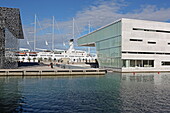 Villa Mediterranee and MuCem (Museum of European and Mediterranean Civilizations), with a cruise ship in the background, Marseille, Bouches-du-Rhone, Provence-Alpes-Cote d'Azur, France