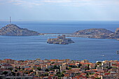 View from the Notre-Dame-de-la-Garde pilgrimage church to the Chateau d'If islands and the Frioul islands off Marseille, Bouches-du-Rhone, Provence-Alpes-Cote d'Azur, France