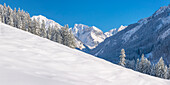 Oytal in winter, behind Schochen, 2100m, Schneck, 2268m, Himmelhorn, 2113m, and Großer Wilder, 2379m, near Oberstdorf, Oberallgäu, Bavaria, Germany, Europe