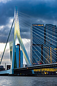 Nieuwe Maas with Erasmus Bridge and skyscrapers, Rotterdam, South Holland, The Netherlands, Europe