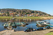 Ferry boats on the banks of the Elbe near Rathen, Saxon Switzerland, Saxony, Germany