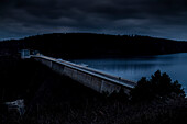 Rappbode Dam at night, traces of light. Oberharz am Brocken, Saxony Anhalt, Germany.