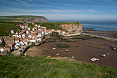 Top View of Staithes Harbour, Blue Sky. East Coast, England.
