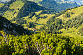 Aussicht auf die Priener Hütte auf dem Weg zum Geigelstein. Schleching, Chiemgauer Alpen, Ostalpen, Oberbayern, Bayern, Deutschland, Europa