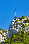 Bavaria&#39;s largest iron summit cross, Kampenwand, Hohenaschau, Chiemgau Alps, Upper Bavaria,Bavaria,Germany,Europe