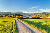 Path at Riegsee with a view of the Bavarian Alps, Riegsee, Upper Bavaria, Bavaria, Germany