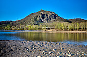 View from the low-water Rhine to the Drachenfels, a famous hill with wineries, historic cog railway and the ruins of a medieval castle, Koenigswinter, NRW, Germany