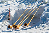 Ski equipment, alphorns, Compatsch, Seiser Alm, South Tyrol, Alto Adige, Italy