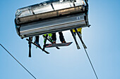 Skiers, snowboarders, chairlift, Compatsch, Alpe di Siusi, South Tyrol, Alto Adige, Italy