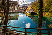 Historic hammer mill at the Blautopf source, Blaubeuren, Alp-Donau district, Swabian Alp, Baden-Wuerttemberg, Germany, Europe