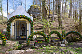 Easter spring decorated with colorful Easter eggs in St. Moritz near Leutebach, Upper Franconia, Bavaria, Germany