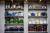 Variety of vintage kitchenware on the shelfs
