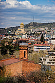 Famous Tbilisi's Mosque building and Sameba cathedral in Old Tbilisi, capital city of Georgia